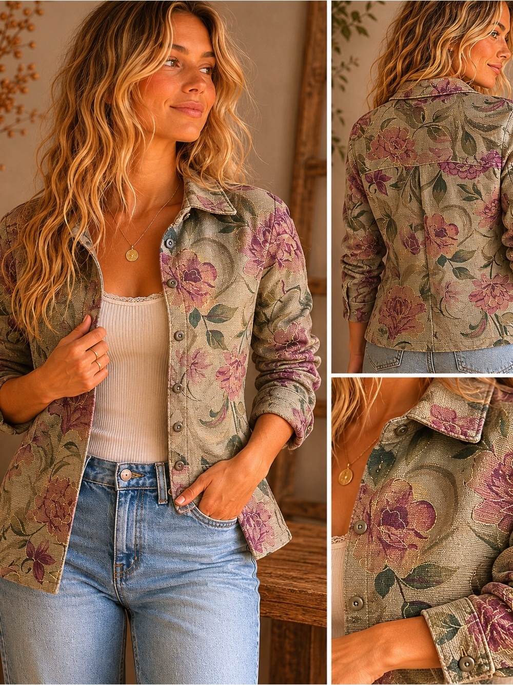 Chico's Olive Green and Muted Rose Floral Jacket